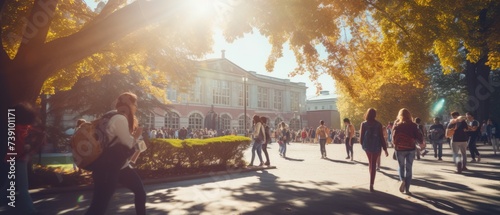 Crowd of students walking through a college campus on a sunny day