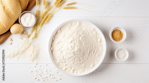 Top view of dough and baking ingredients isolated on white