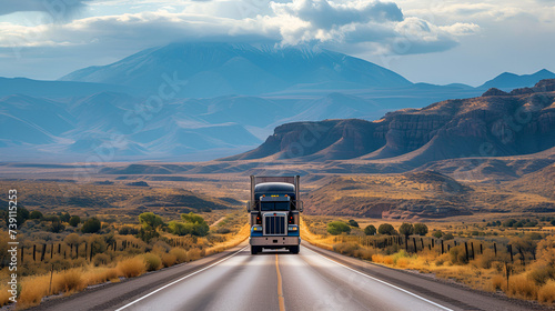 Huge semi-truck crossing the southwest United states on an empty road, generative ai