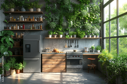 A sustainable kitchen featuring energy-efficient appliances, compostable kitchenware, and a vertical herb garden for fresh, homegrown ingredients. Concept of sustainable cooking. Generative Ai.