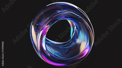 An abstract, holographic fluid shape made of transparent glass, with a soap water bubble and reflection, isolated on a black background. 3d illustration.