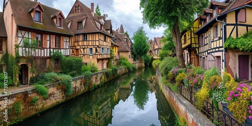 France. Narrow waterway and classic timber-framed homes.