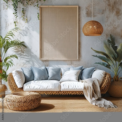 Japandi minimalist living room with frame mockup in white and blue tones. sofa, rattan furniture, and wallpaper. design of a farmhouse interior