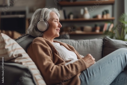 Eine Seniorin sitzt entspannt mit Kopfhörern auf dem Sofa und genießt ihre Musik 