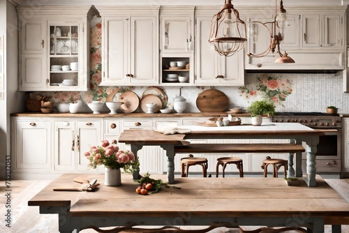 A classic French country kitchen with charming floral prints, copper accents, and a rustic farmhouse table. Timeless elegance meets provincial charm