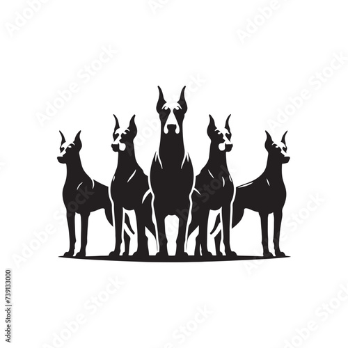 Vigorous Doberman Pinscher Conglomeration Silhouette - Strength in Unity, Silhouetted Guardians - Doberman Pinscher Dogs Illustration - Doberman Pinscher Group Vector Stock 