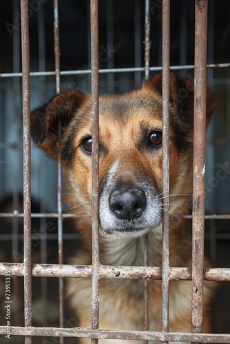Ein eingesperrter Straßenhund in einem Käfig aus Metall 