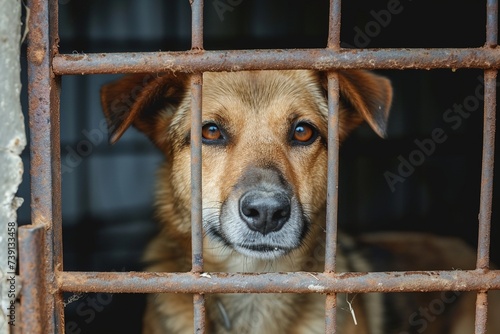 Ein trauriger eingesperrter Straßenhund hinter einem Metallgitter