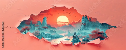 Paper hole showing a fantasy landscape magical sunset mythical creatures visible