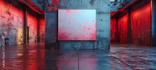 A modern Loft room with Brutalist design elements, featuring grunge textures on walls and floor. The vibrant red lighting accentuates the room’s aesthetic, creating a dramatic atmosphere.