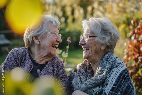 Zwei Rentnerinnen lachen zusammen, sie sitzen im Garten 