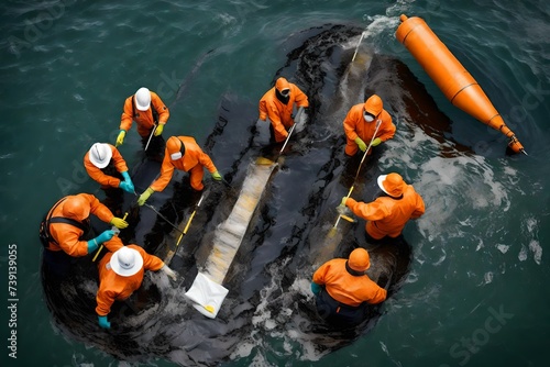 A top-down view of an oil spill response team deploying booms and absorbents to contain and clean up a spill in open water.