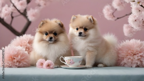 Two cute Pomeranian puppy sitting near teacup