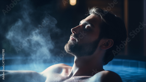 man relaxing in a spa in a hot bath 