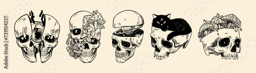 Set of skulls with with fly agaric cat and Saturn. Vector illustration isolated on a background.