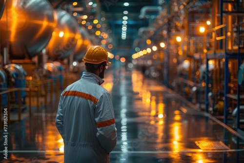 A male engineer in safety gear observes industrial machinery, hints of orange and reflective surfaces adding warmth to the cool metallic setting. A study of human oversight in technology.