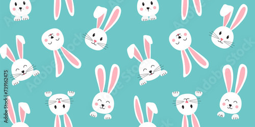 Easter bunny seamless pattern, cute rabbit print, cartoon head animal, face baby bunnies, spring character on green background. Funny vector illustration