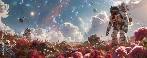 In a distant landscape machines work alongside an astronaut among bizarre flora with a galaxy overhead