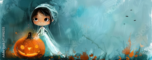 The enchanting dichotomy of a cute scary bride with a pumpkin illustrated in a cartoon watercolor style inviting wonder