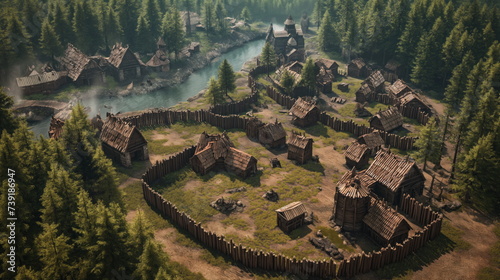 Top view of small medieval village within wooden palisades, flat land surrounded by forest, historical building nature