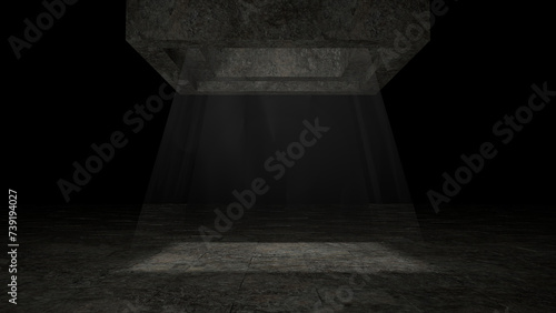dunkler Raum mit altem Steinboden und steinernem Lichtschacht