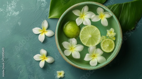 bowl with lime and tropical flowers, spa concept