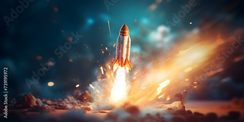 Entrepreneur achieves soaring success with rocket launch symbolizing strategic growth and innovation. Concept Business Innovation, Strategic Growth, Entrepreneurial Success, Rocket Launch