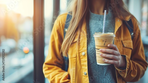 Cafe customer holding iced coffee with straw on blurred background, copy space available