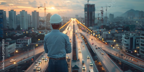 Engineer or construction worker with safety helmet and safety vest standing on top of the building with urban cityscape background.