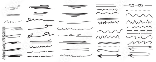 Hand drawn collection of underline strokes in brush doodle style. Vector scrawls elements, swashes, dots and curved lines. Abstract black vector lines and shapes. Chaotic black scribbles