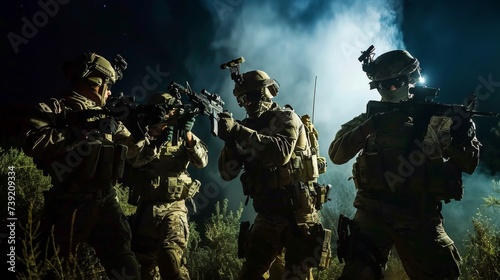 A group of soldiers, dressed in camouflage and armed with rifles and other weapons, stand together in the outdoors, representing the violence and strength of the military organization they belong to