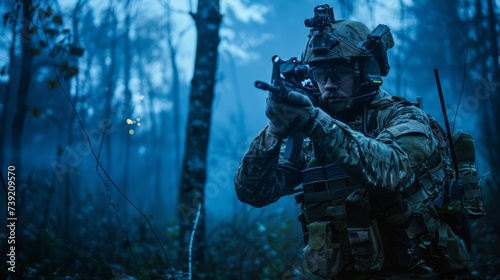 A soldier's solitary stance in the forest, armed with an assault rifle and clad in camouflage, evokes a sense of danger and the weight of military duty