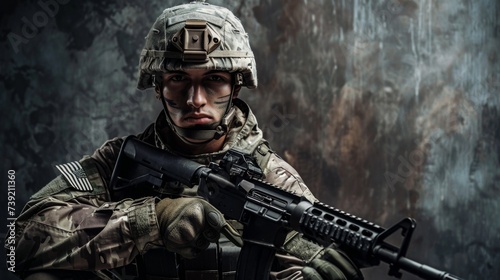 A heavily armed soldier, clad in military uniform and equipped with an array of firearms, stands poised for combat amidst a camouflage backdrop