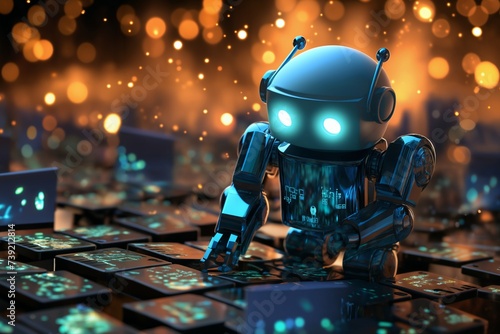 digital computer robot android in a space of holographic elements and lights, abstract background, cyber future, digital art concept