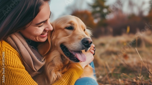 Young woman cuddling with a golden retriever in autumn