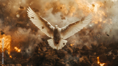 white dove of peace flying over exploding battlefield, social criticism, symbol, stop war