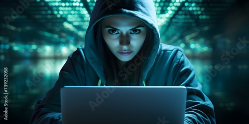 A woman engaging in unauthorized access to a computer system to steal information and passwords, compromising security. Concept Cybercrime, Information Theft, Unauthorized Access, Security Breach