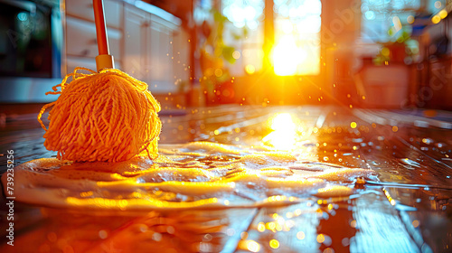 Cleaning floor with mop front view. Microfiber mop. Home cleaning product concept photograph with copy space