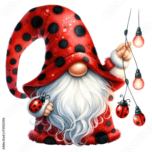 Whimsical illustration of a cute ladybug gnome with a long white beard, wearing a red polka dot hat with a friendly ladybug.