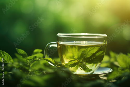 Fresh green tea with tea leaves in the water