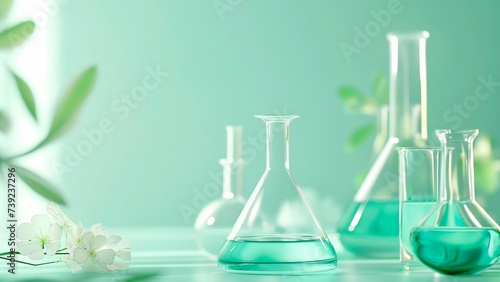 In the cosmetic laboratory abstract concepts intertwine with laboratory research focusing on natural cosmetic chemistry against a backdrop of green.