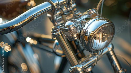 Examined up close, the vintage bicycle headlamp and handlebars reveal intricate details and old-world craftsmanship.