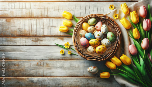 a rustic basket filled with decorated Easter eggs and a bunch of yellow tulips, viewed from above