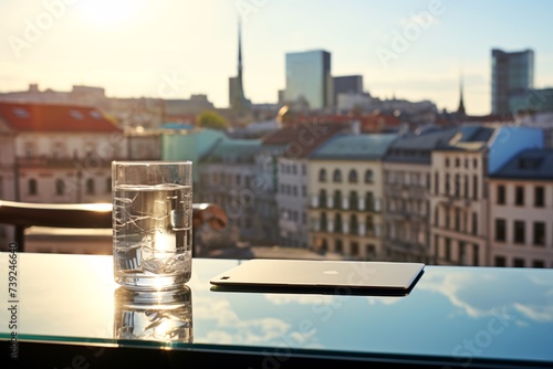 a glass of water and a tablet on a table with a city in the background