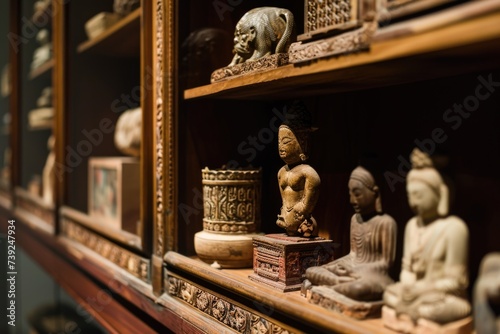Antique wooden display cases holding rare and precious artifacts, offering a glimpse into the historical and cultural significance of art objects