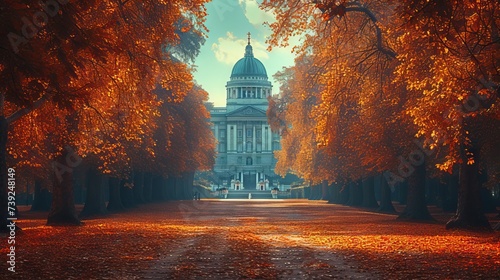Majestic government style building with dome surrounded by autumn trees with golden leaves concept: materials on history and architecture, publications about the political and cultural life of the cit