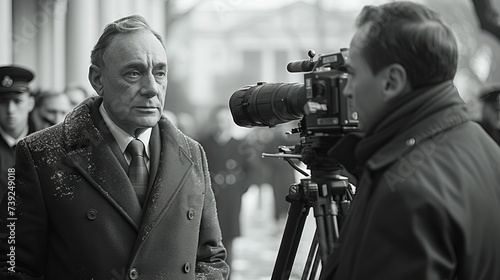 A man with a serious expression looks at the video camera of reporters, Concept: cinema, television industry, acting, advertising and marketing materials related to film and television.