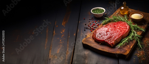 Raw beef steak on cutting board with knife and ingredients, banner