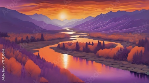 A serene river winding through a valley, with the sun setting behind distant mountains, painting the sky in shades of orange and purple.