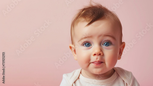 Adorable baby boy with curious face isolated on light pink background with copy space.